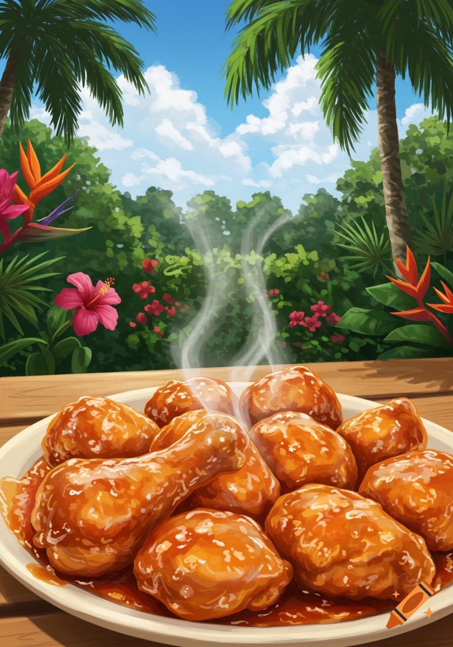 Steaming orange chicken on a wooden table with a vibrant tropical background of palm trees, blue sky, and flowers, in a stylized illustration.
