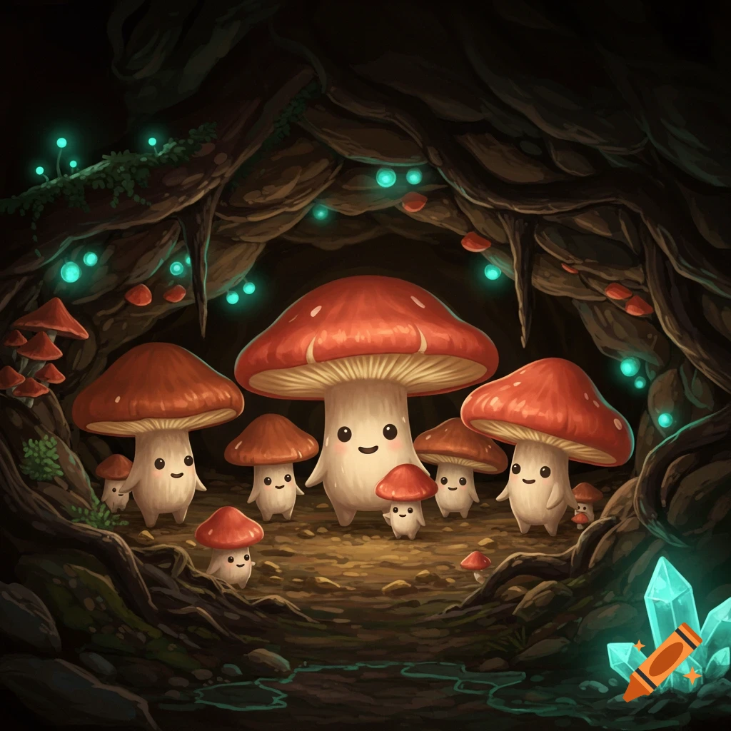 Cute, anthropomorphic mushrooms with tiny arms and legs and smiling mouths gather in a glowing, magical cave with bioluminescent fungi and crystals.