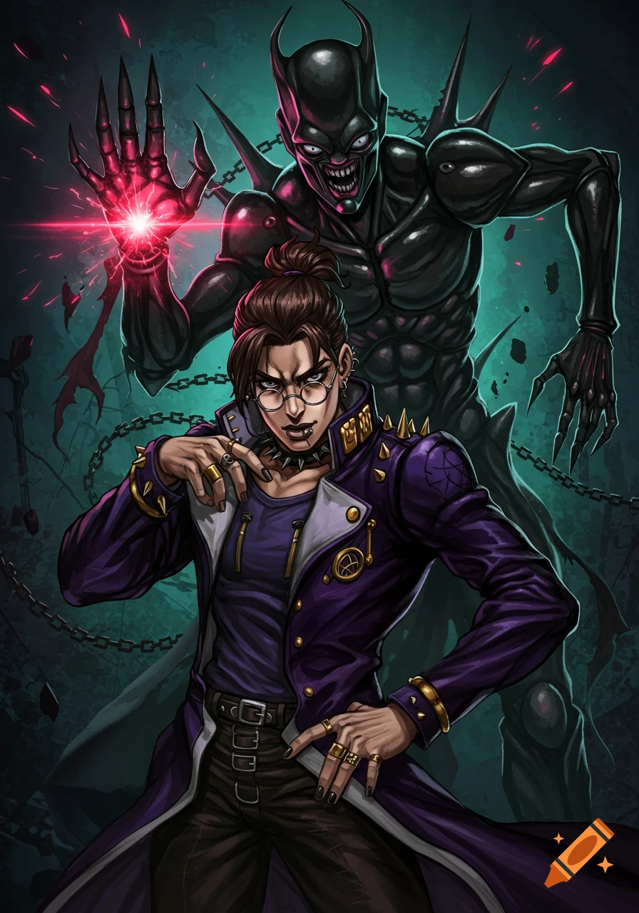 A punk-goth character in a purple studded jacket and glasses poses with a menacing, spiky demon-like figure emitting red energy.