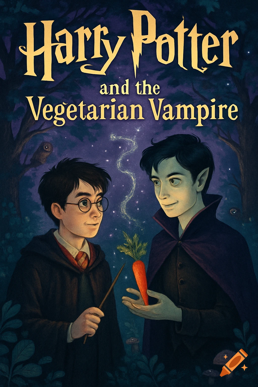 Illustrated book cover titled 'Harry Potter and the Vegetarian Vampire', showing Harry Potter and a vampire in a dark forest, with the vampire holding a carrot.