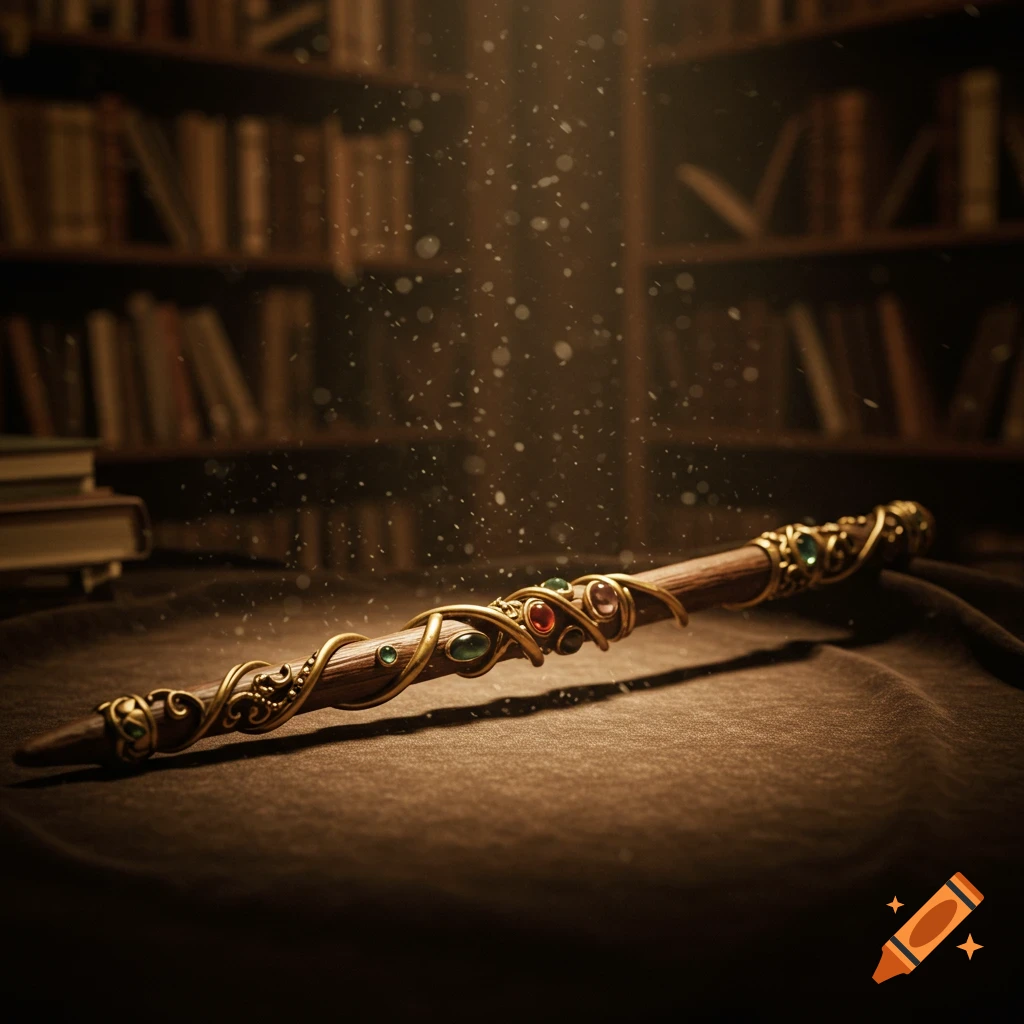 An ornate wooden magic wand, adorned with gold and colorful gems, rests on a dark cloth in a softly lit library.