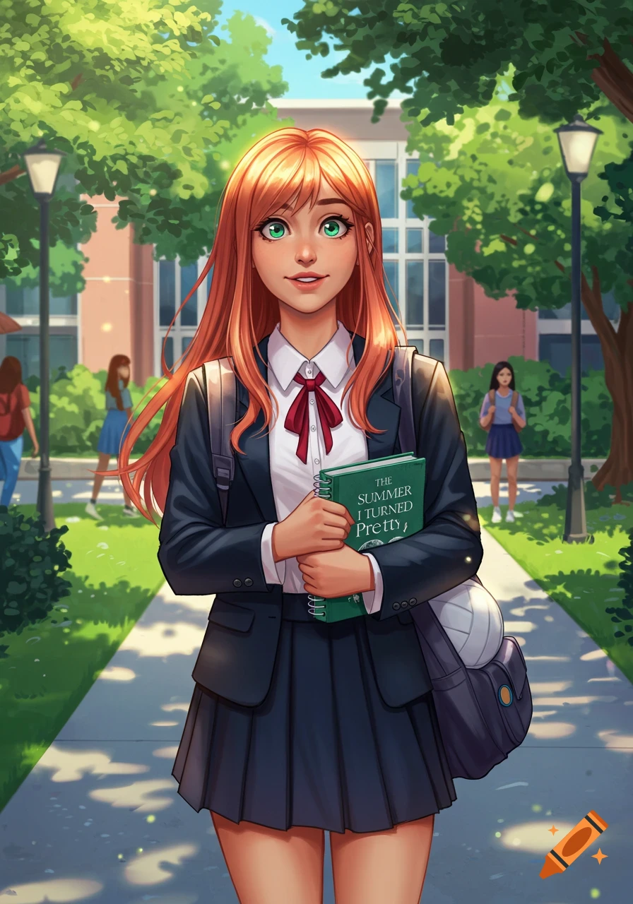 Anime-style illustration of a red-haired student in uniform, holding 'The Summer I Turned Pretty' book on a sunny college campus.