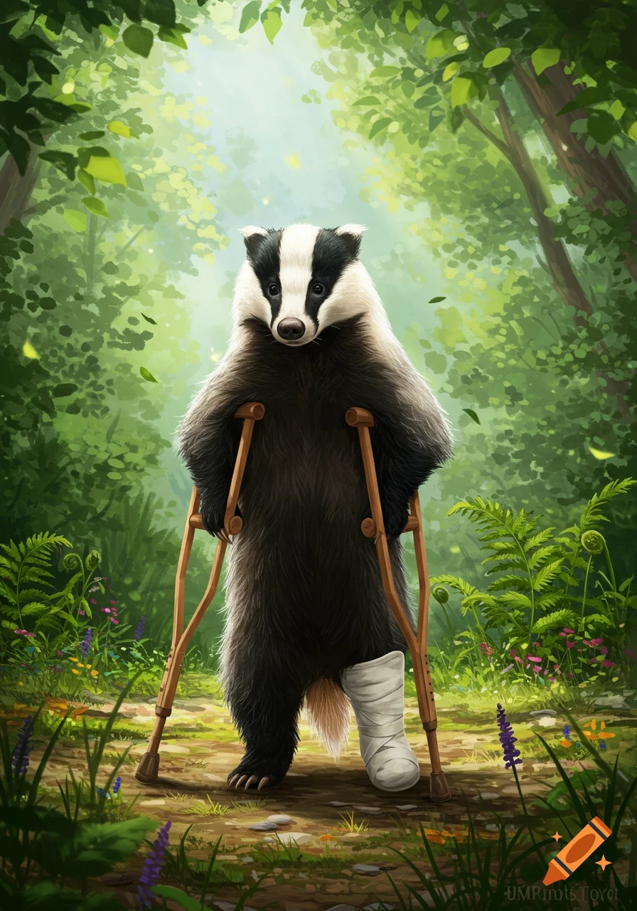 An anthropomorphic badger with a cast on one leg stands on wooden crutches in a lush, green forest. Illustration.