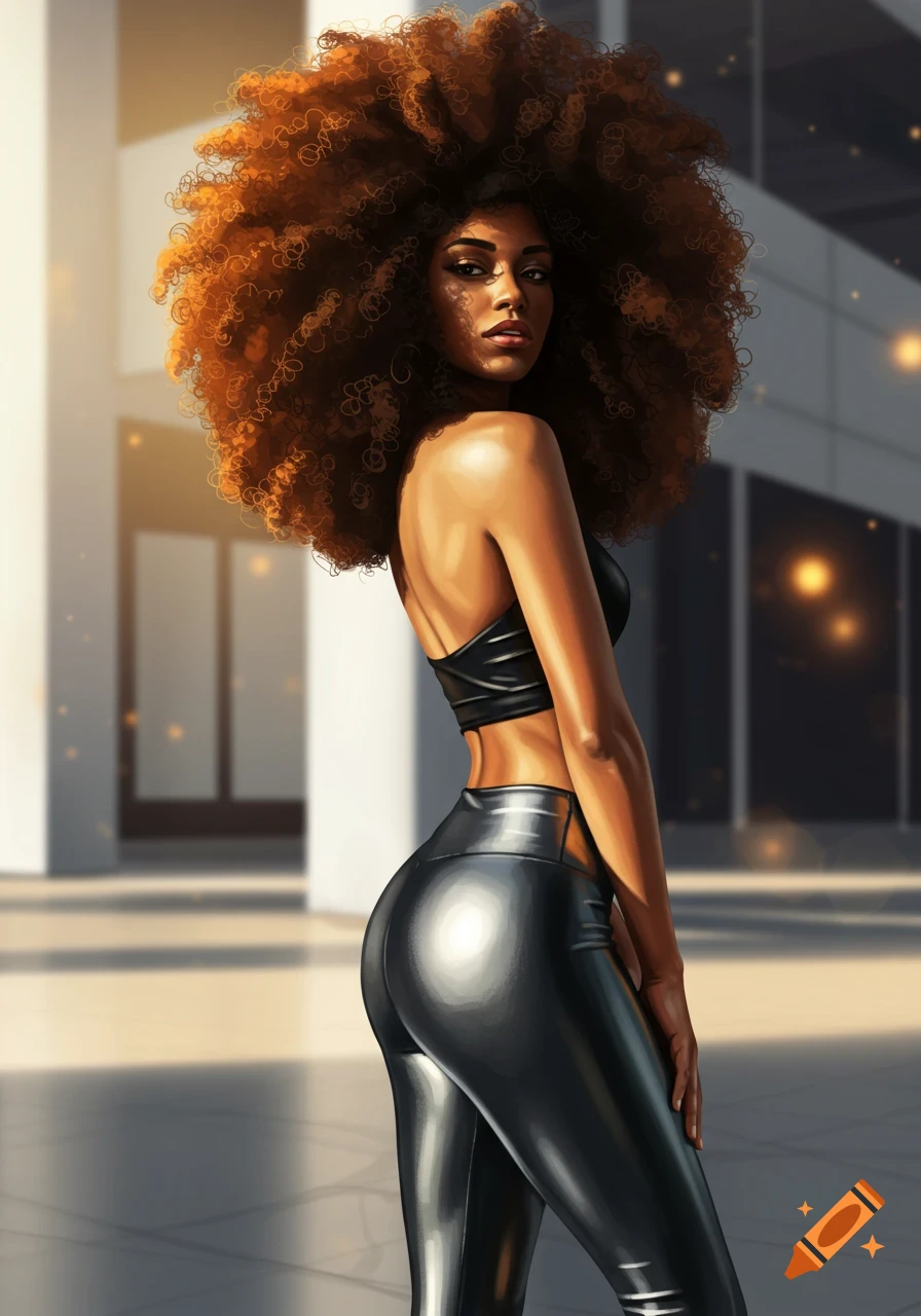Digital art portrait of a dark-skinned woman with a large afro, wearing a black crop top and shiny black leggings.