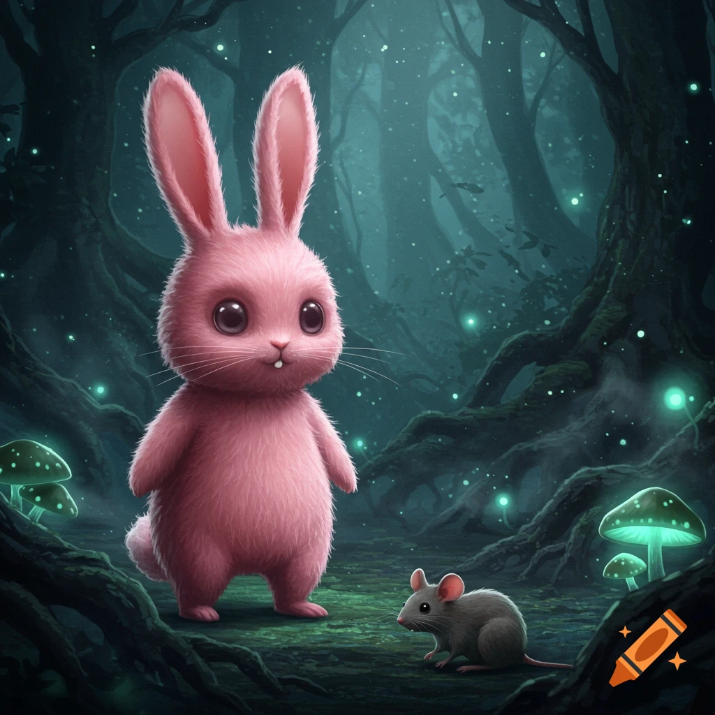 A cute fluffy pink bunny with large eyes stands in a glowing, magical forest with a small mouse nearby and glowing mushrooms.