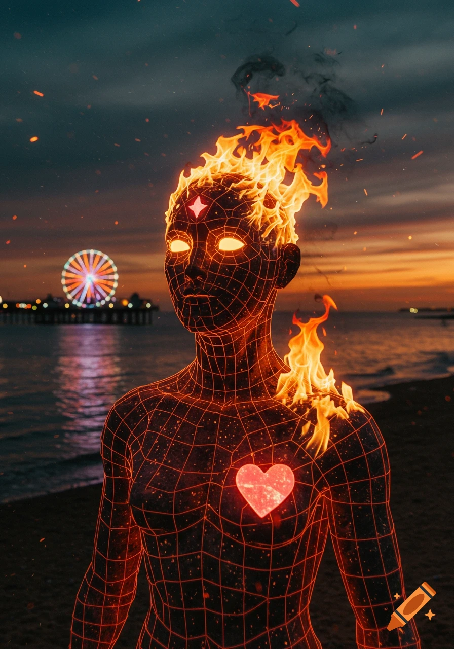 A wireframe humanoid fire being with a glowing heart on a twilight beach, a Ferris wheel in the distance.