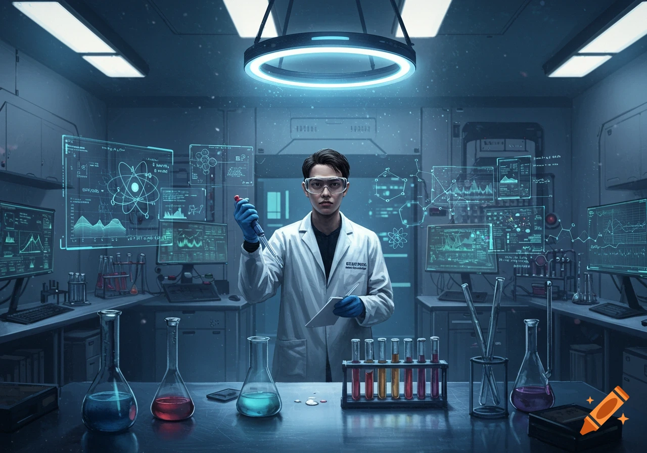 A scientist in a lab coat and safety goggles holds a pipette in a futuristic laboratory filled with holographic data displays and chemical glassware.