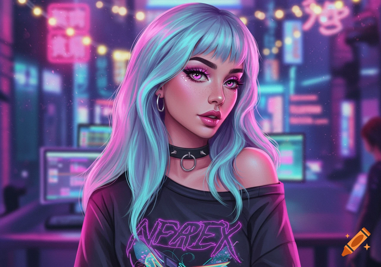 A stylized portrait of an e-girl with blue and pink hair, purple eyes, pink makeup, and a choker, against a blurry neon city background.