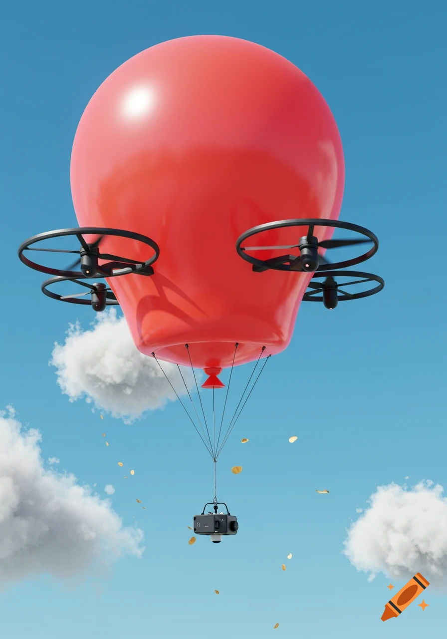 A large red balloon with drone propellers attached carries a camera, floating in a bright blue sky with white clouds and falling golden confetti.