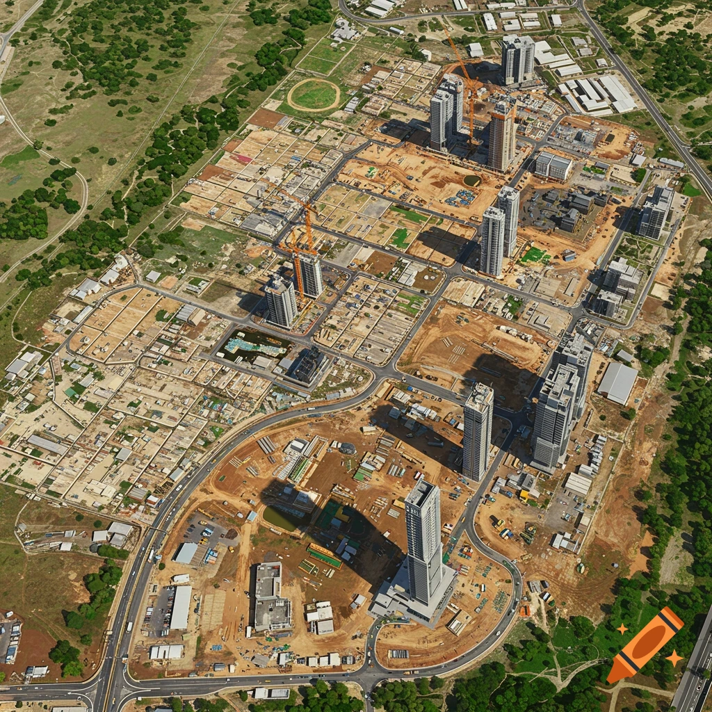Aerial view of a large urban development construction site with numerous high-rise buildings, roads, and green spaces.