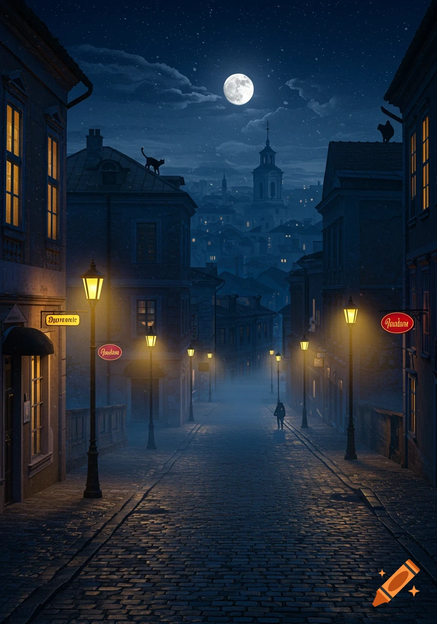 A dark, foggy cobblestone street in an old European city at night, lit by glowing lanterns under a full moon, with cats on rooftops.