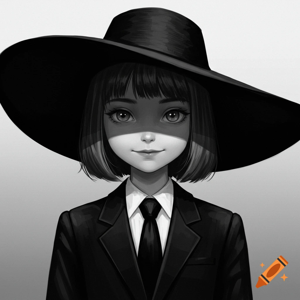 Grayscale stylized portrait of a girl in a black suit and wide-brimmed hat.
