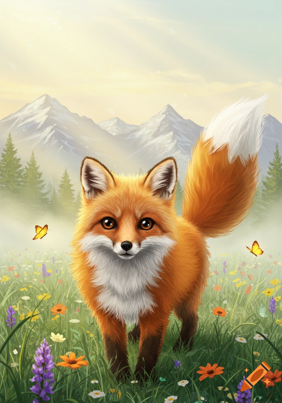 A fluffy orange and white fox stands in a vibrant wildflower meadow under a misty sky with distant snowy mountains. Two butterflies flutter nearby.