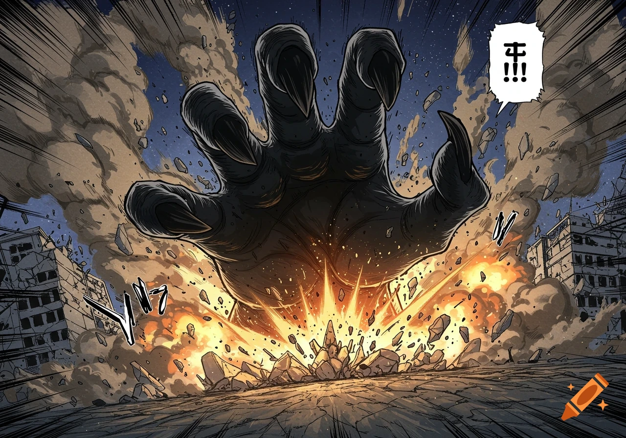 Giant black monster hand causes a massive explosion, destroying a city in dynamic manga style.
