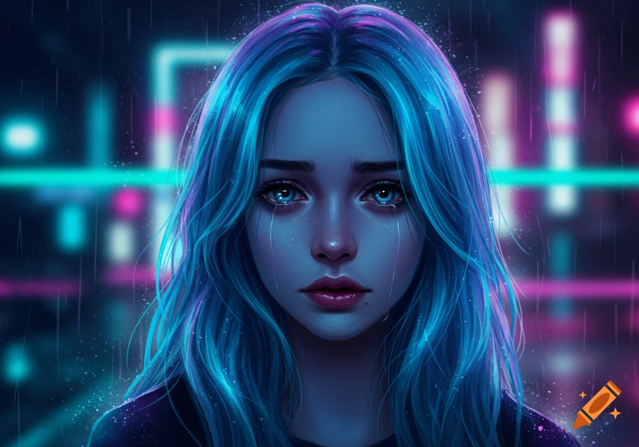Close-up animated portrait of a sad girl with vibrant blue hair, with tears streaming down her face, against a blurry neon city background in the rain.