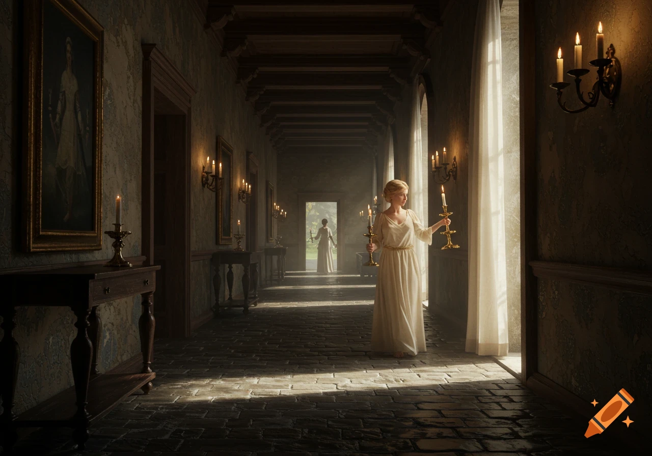 A woman in a long white dress holds candlesticks in a grand, dimly lit hallway with sunlight streaming from windows. Another figure stands in the distance.