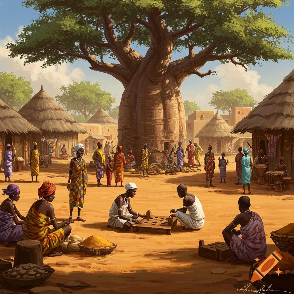 Vibrant illustration of an African village square with people in traditional attire, thatched huts, and a giant baobab tree under a sunny sky.