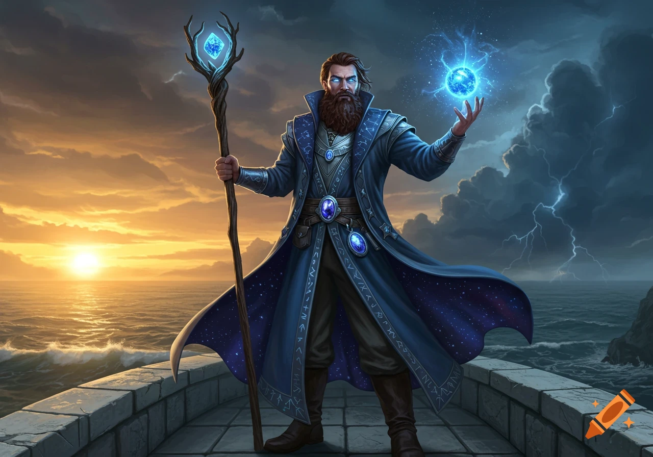A bearded wizard in a blue, star-lined coat stands on a castle parapet at dawn, holding a glowing staff and magic orb.