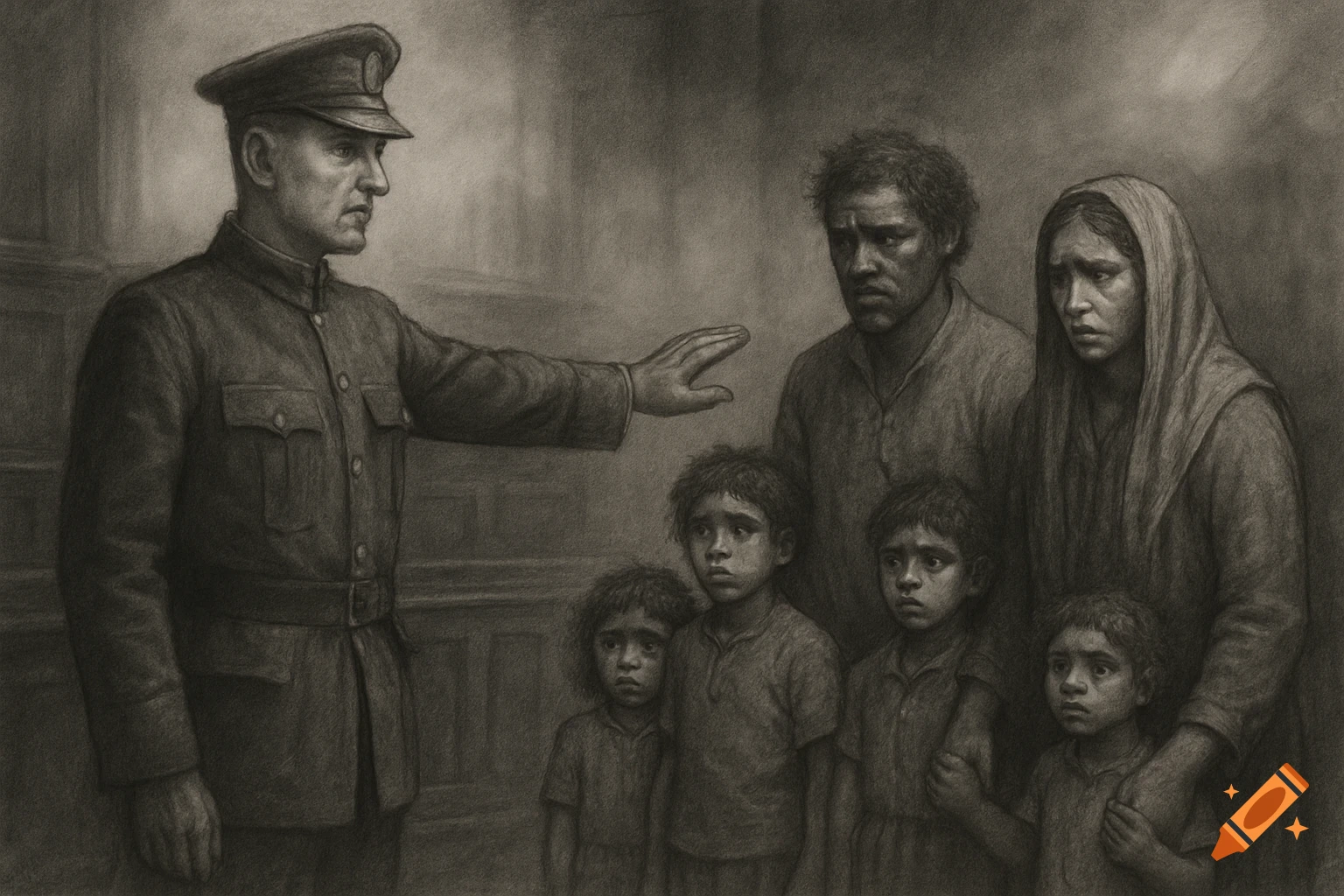 A monochrome charcoal sketch shows a man in uniform gesturing towards a distraught Indigenous family with four children.