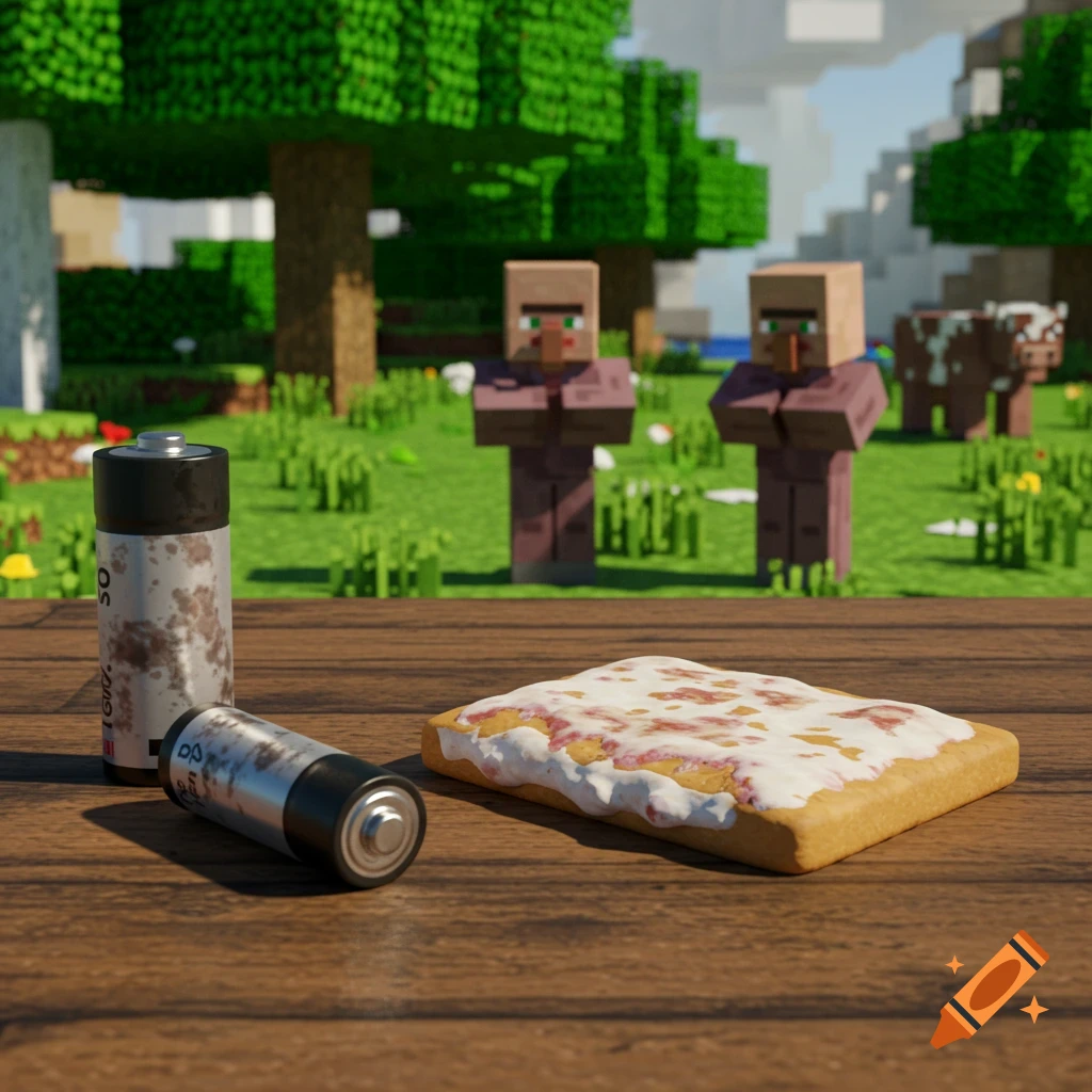 A stale Pop-Tart and two AA batteries sit on a wooden table in the foreground, with three confused Minecraft villagers and a cow in a blocky green landscape behind them.