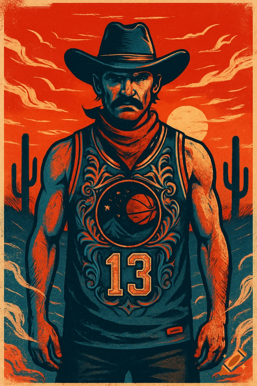 Stylized graphic art poster of a man in a cowboy hat and mustache wearing a basketball jersey with '13', set against a desert sunset with cacti.