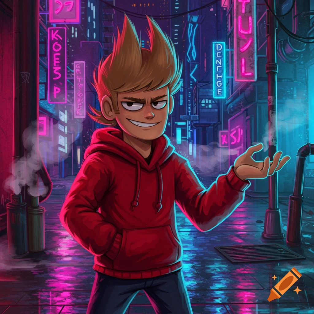 A smiling cartoon character with spiky hair and a red hoodie stands in a neon-lit cyberpunk city alley, reflecting on the wet ground.