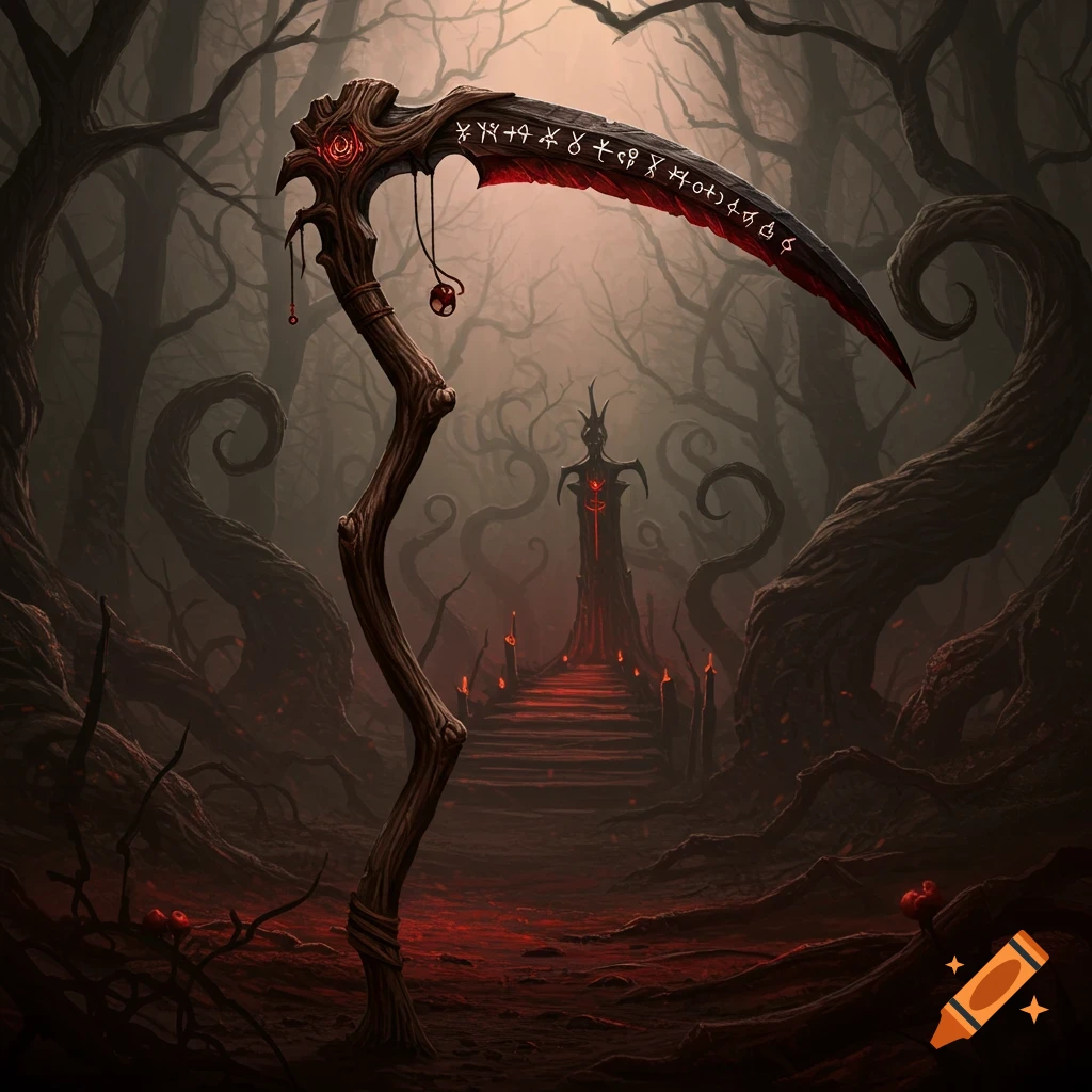 A dark fantasy image of a large, gnarled wooden scythe with a blade covered in red runes, standing in a twisted, shadowy forest leading to a glowing red altar.