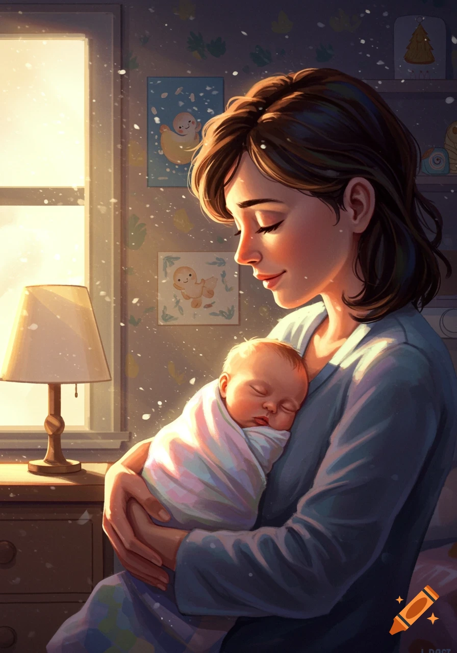 An illustration of a mother gently holding her sleeping baby in a sunlit room, with warm, soft light filtering through the window.
