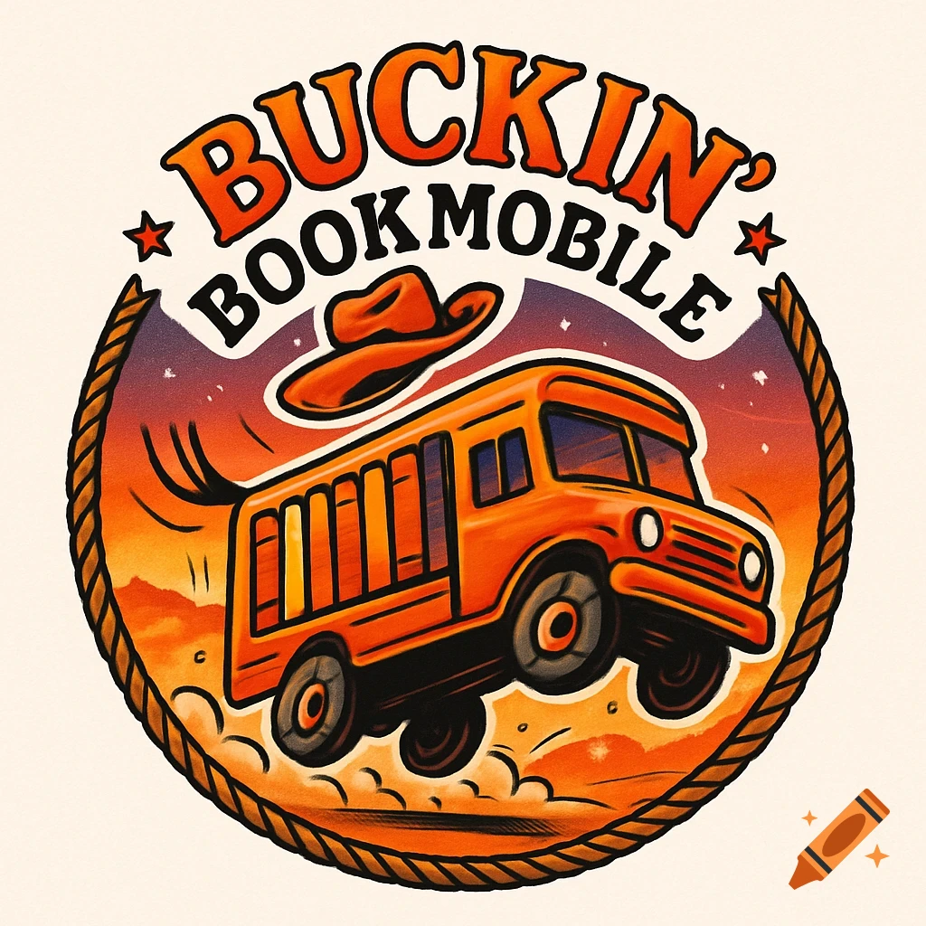 A retro-style logo for "Buckin' Bookmobile" featuring an orange bus jumping over a desert landscape with a cowboy hat and rope border, against a sunset sky.