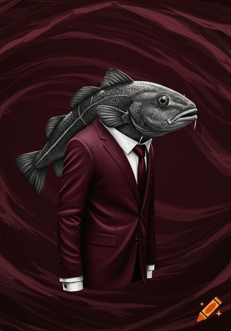 A detailed illustration of a grey cod fish head on a body wearing a maroon suit against a dark red wavy background.