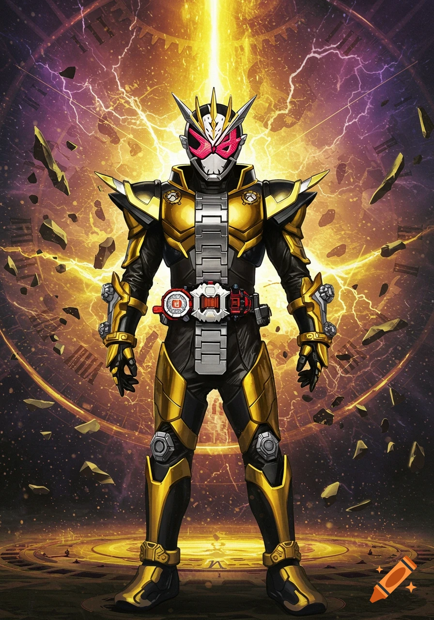 A powerful hero, Kamen Rider Ohma Zi-O, stands in a golden and black armored suit against a backdrop of glowing clockwork and lightning.