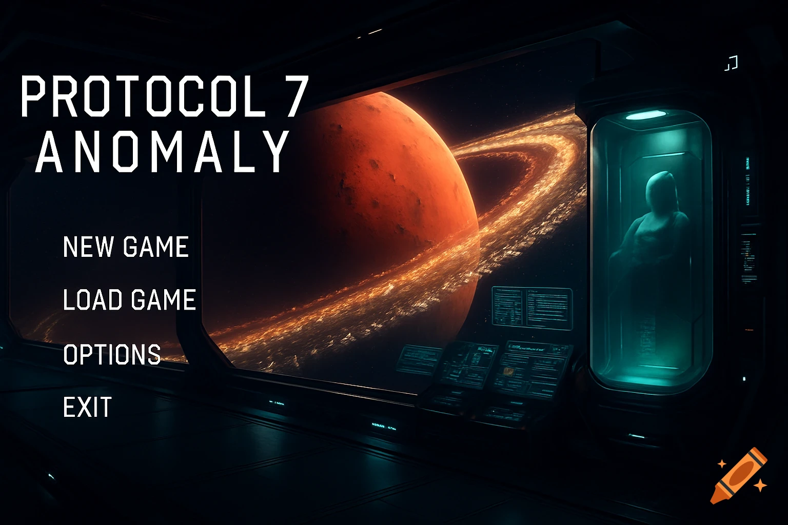 A futuristic video game main menu for 'PROTOCOL 7 ANOMALY' with a ringed Mars, a space station interior, and a cryo-sleep chamber.