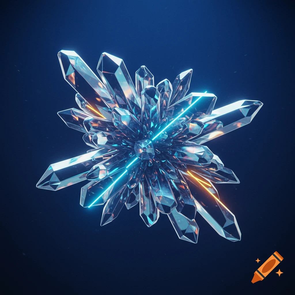A glistening, multi-faceted crystal cluster with glowing blue and orange lines against a dark background, abstract.