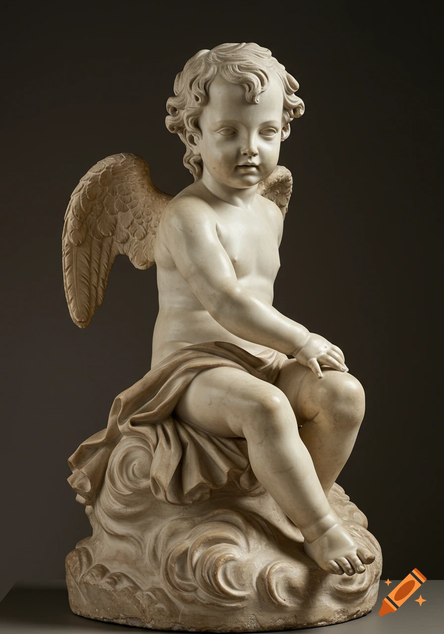 A Baroque marble sculpture of a cherub angel with curly hair and delicate wings, seated on clouds.