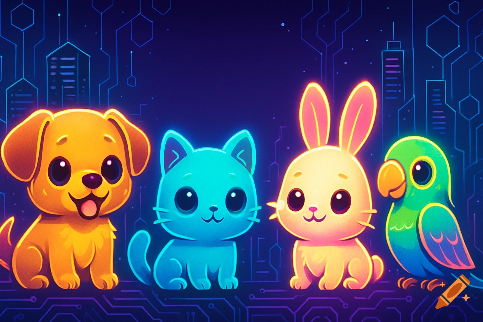 A cute cartoon puppy, cat, rabbit, and parrot sit in a row on a glowing circuit board against a dark blue background with tech-inspired outlines.