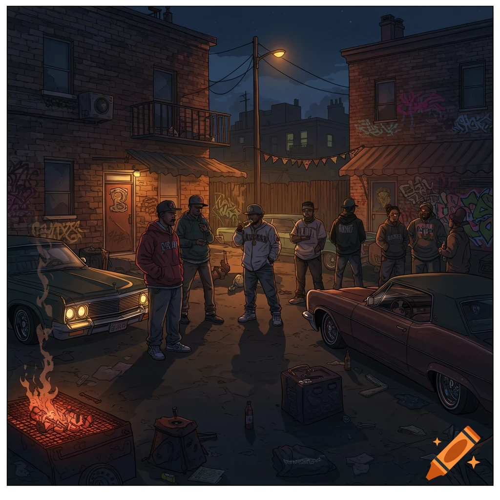 A group of men in a gritty, stylized urban alley at night, surrounded by graffiti, old cars, and a small bonfire.