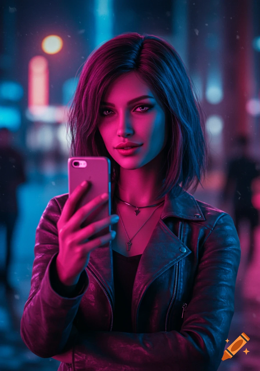 Photorealistic portrait of a woman in a leather jacket taking a selfie, illuminated by neon pink and blue light in an urban setting.