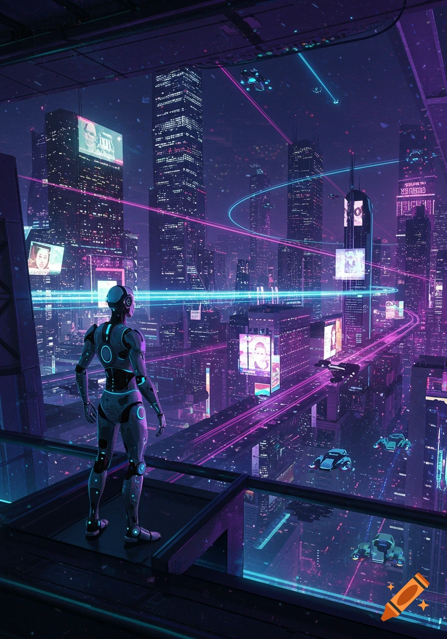 A robot stands on a rooftop platform, looking out at a vibrant, neon-lit futuristic city with flying vehicles and tall buildings at night.
