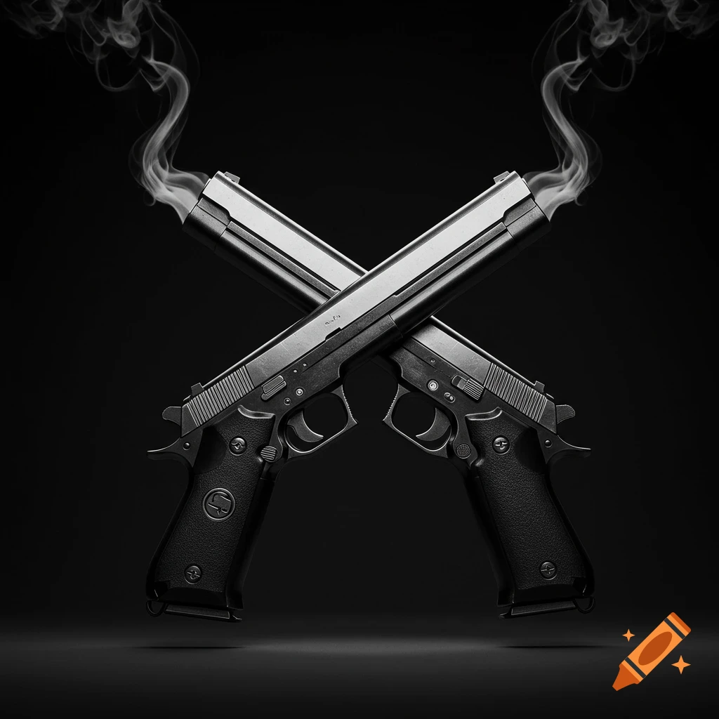 Two photorealistic pistols crossed in an X shape, smoking from their barrels, against a dark background in monochrome.
