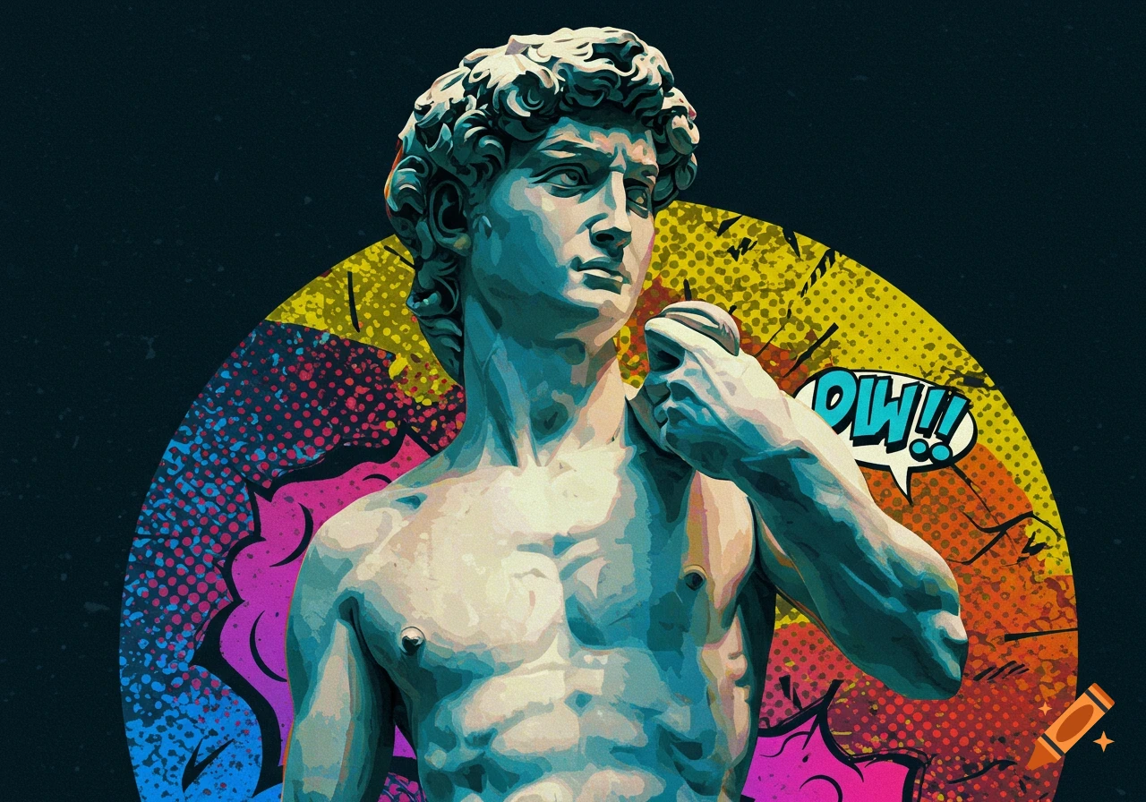 Vibrant pop art illustration of Michelangelo's David against a colorful, patterned background, with a speech bubble saying 'OW!!'