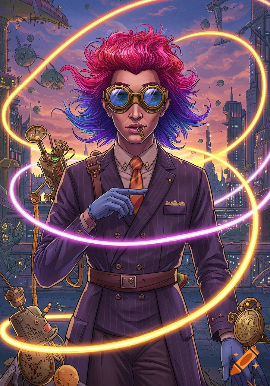 Vibrant illustration of a nonbinary time traveler with rainbow hair, goggles, and a pinstripe suit, in a glowing futuristic city.
