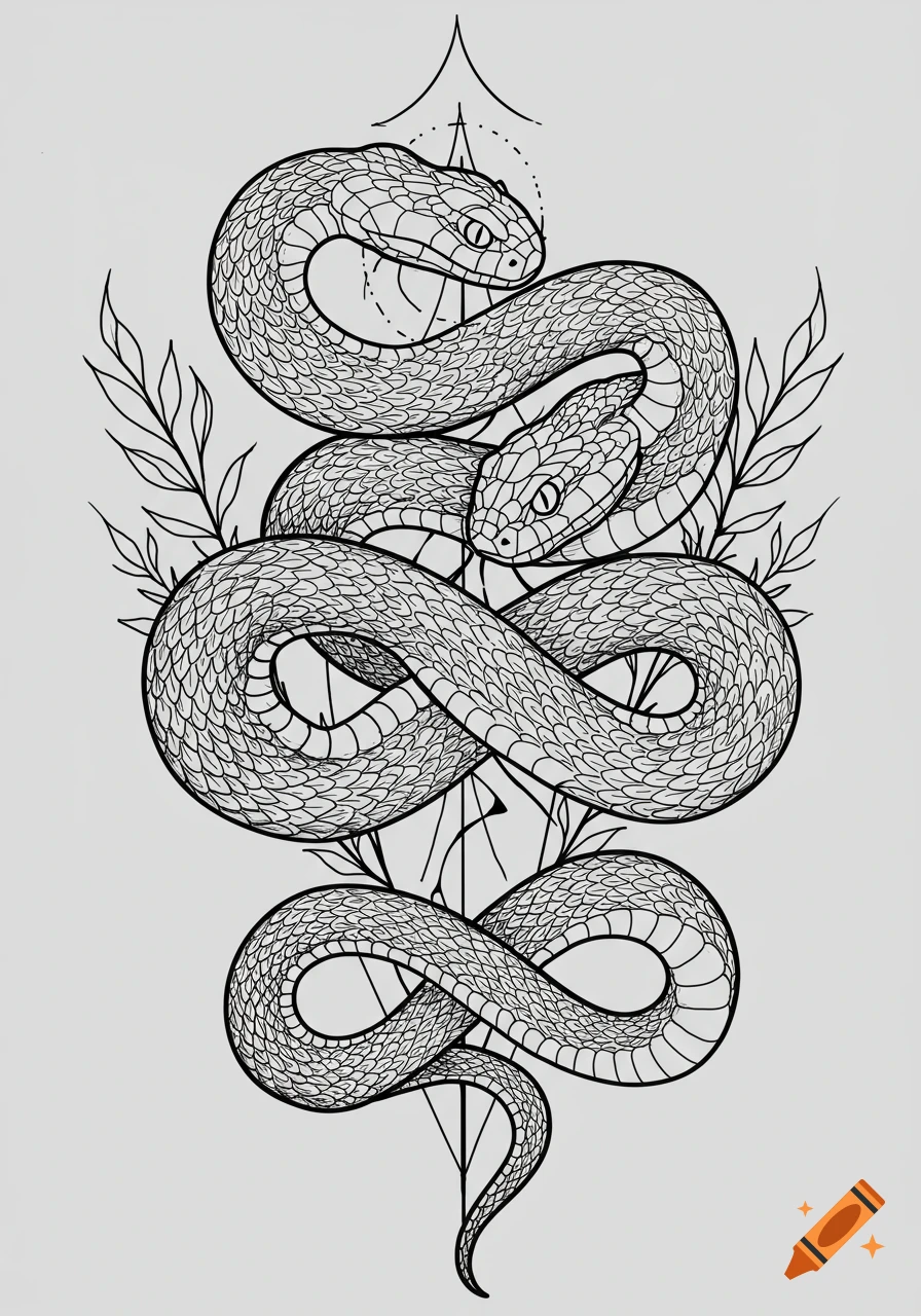 A monochrome line art tattoo design featuring two detailed vipers entwined around each other with decorative leaves and geometric elements.
