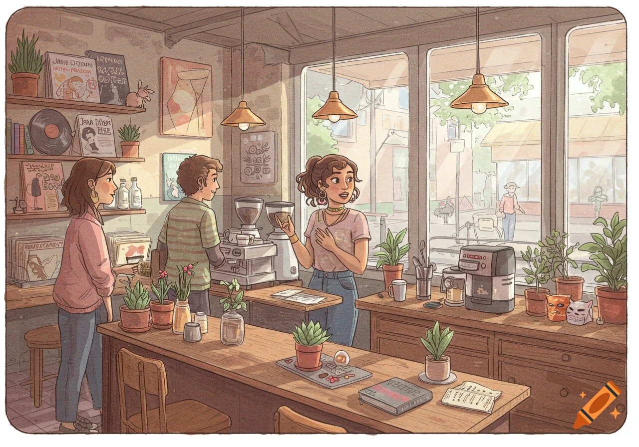 Illustration of a bustling coffee shop and record store with three people at the counter, surrounded by plants and vinyl records.