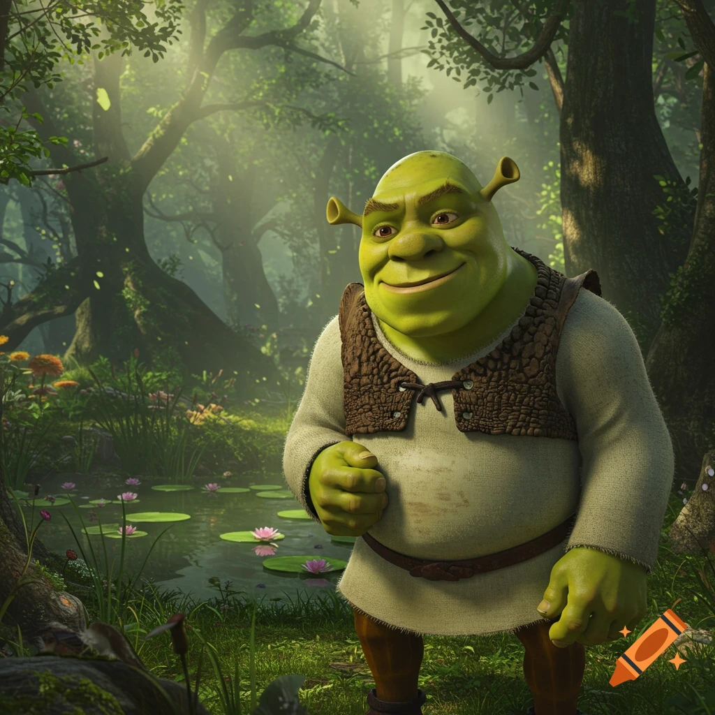 Realistic Shrek stands smiling in a vibrant, sun-dappled green forest with a pond and lily pads.