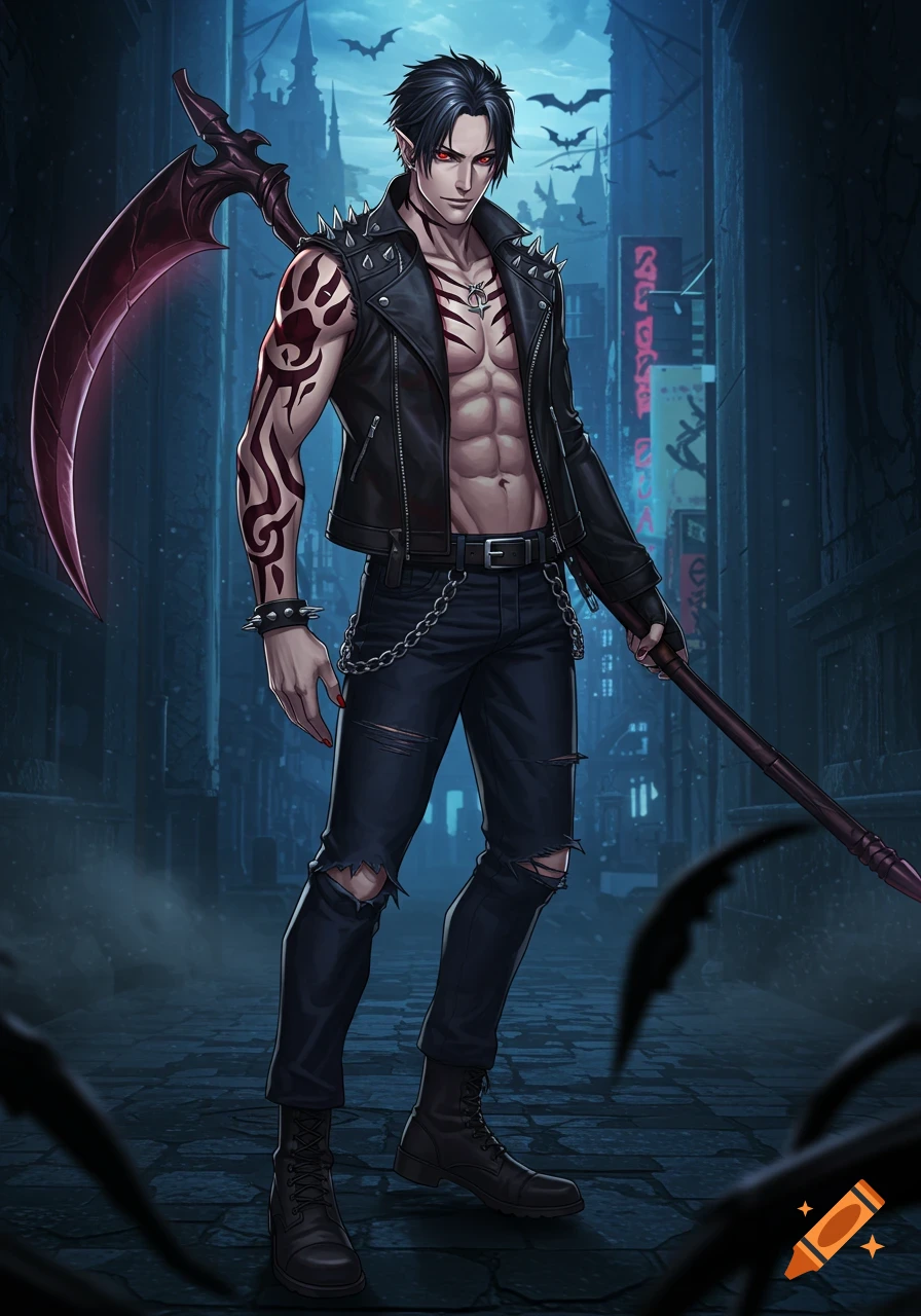 Anime vampire male with abs, tattoos, open leather jacket, and scythe in a dark gothic alley with bats.
