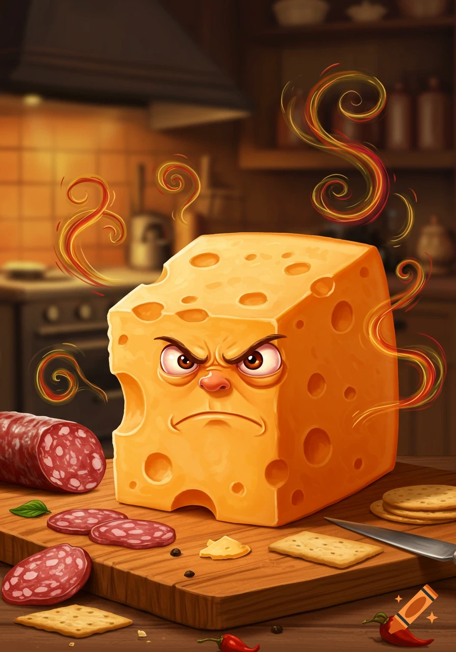 Cartoon of an angry block of Swiss cheese with salami and crackers on a wooden board in a kitchen.