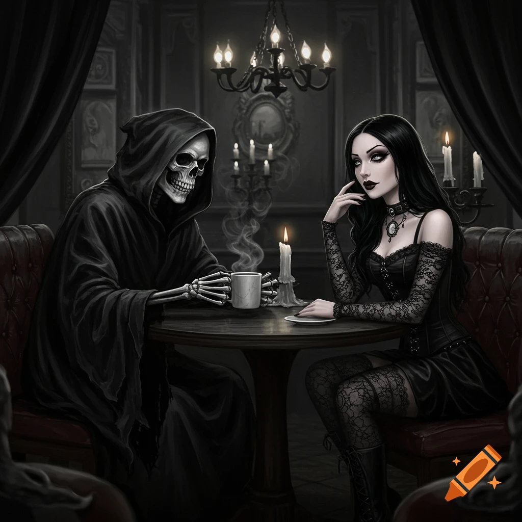 A grim reaper and a goth woman on a date in a dark, candlelit coffee shop, in a gothic illustration style.