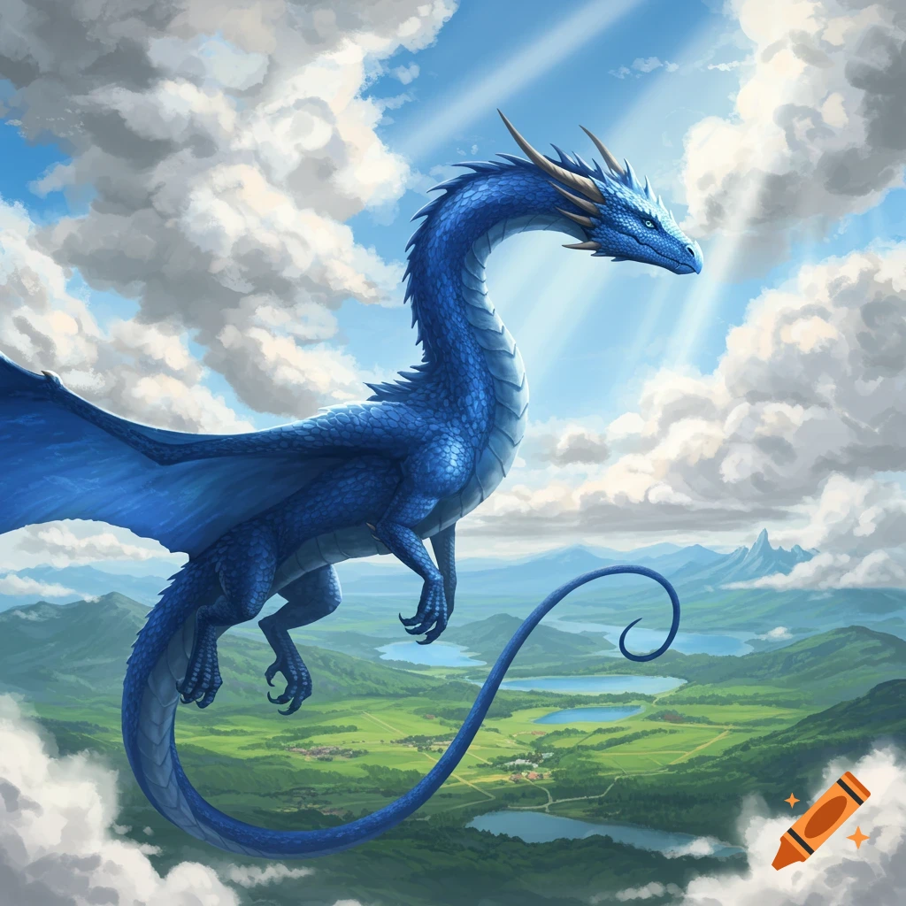 A majestic blue dragon with a long neck and tail soars through a cloudy blue sky above a vibrant green landscape.