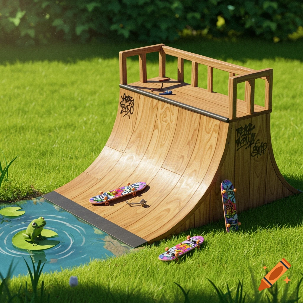 A small wooden skateboard half-pipe is partially submerged in a pond in a grassy field, with a frog on a lily pad and several skateboards.