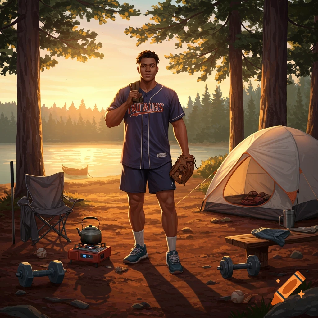 An illustrative image of a man in a baseball jersey holding a glove, standing in a campsite with a tent, dumbbells, and a lake at sunset.